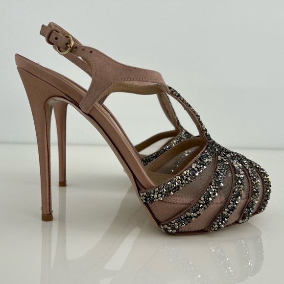 VALENTINO DUSTY PINK MAUVE TONE PLATFORM CRYSTAL SANDALS SIZE IT 37.5 / US 7.5 - Picture 7 of 17